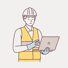 male engineer wearing a vest, glove, helmet for safe, He standing and smiling happily into the factory while his hand is holding the laptop  vector design illustrations