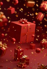 Red gift box surrounded by floating golden decorations in festive atmosphere