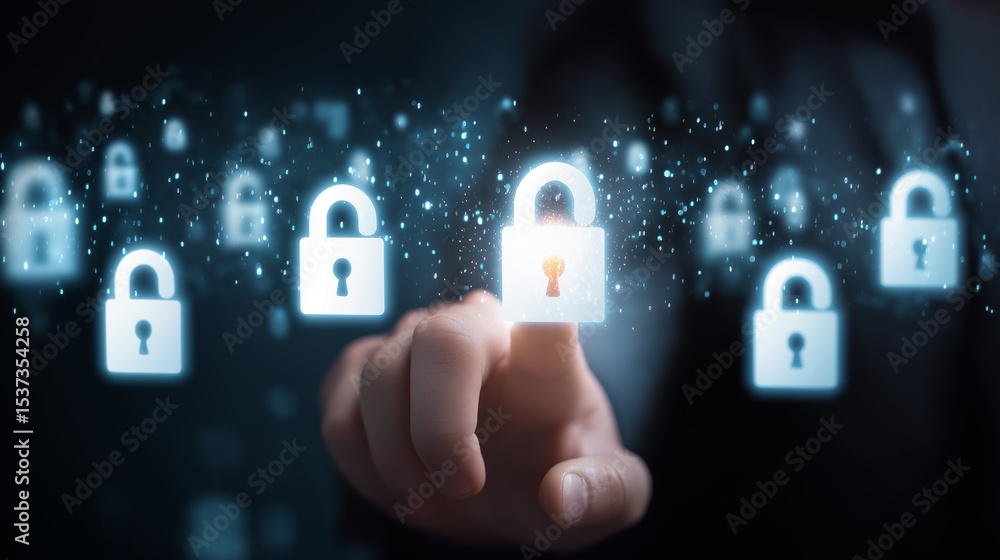 Poster hand interacting with digital padlock icons representing cybersecurity, data protection, and secure 