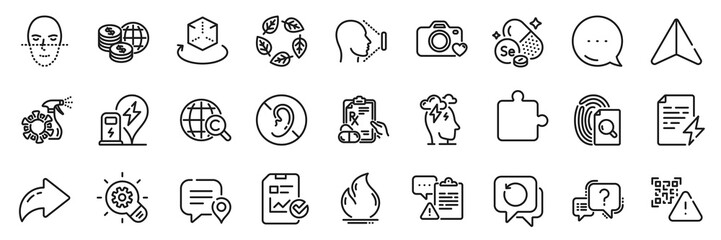 Augmented reality, Face id and Question mark line icons pack. Share, Message, Paper plane icons. Face recognition, Report checklist, No hearing web icon. Vector