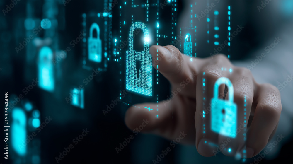 Poster hand interacting with digital padlock icons representing cybersecurity, data protection, and secure 