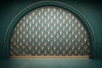Ornate teal archway with art deco fish scale design.