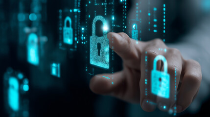 Hand interacting with digital padlock icons representing cybersecurity, data protection, and secure access.
