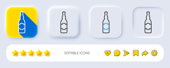 Beer bottle line icon. Neumorphic, Flat shadow, 3d buttons. Pub Craft beer sign. Brewery beverage symbol. Line beer bottle icon. Social media icons. Vector
