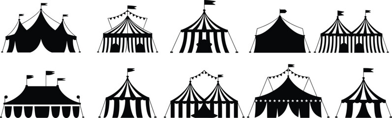 Festive Circus Tent Silhouettes with Flags and Stripes, Perfect for Carnival, Fair, Entertainment, and Event Theme Designs © Su Joy Creatives