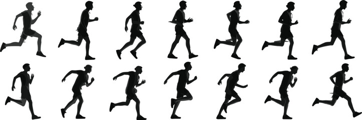 Dynamic Running Men Silhouettes Illustrating Various Poses for Marathon, Sprinting, Jogging, and Fitness Training in Athletic Designs