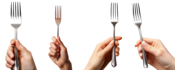 Collection of hands holding metal forks, isolated on a transparent background