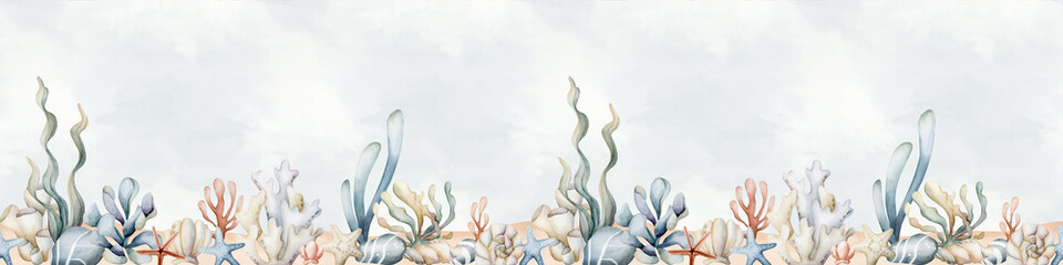 Seaweeds Sea Coral Sponge Starfish Shell on sand. Watercolor hand painted summer seamless border on blue background © Leyla