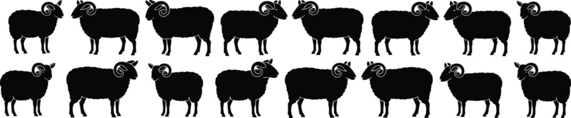 A Comprehensive Collection of Ram and Sheep Silhouettes: Diverse Livestock Animal Profiles and Poses for Agricultural, Farm, and Nature-Themed Designs, Ideal for Digital Resources