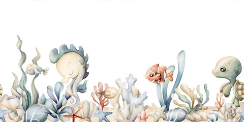 Seahorse turtle fish with seaweed coral starfish shell on seabed Watercolor hand painted summer seamless border on white © Leyla