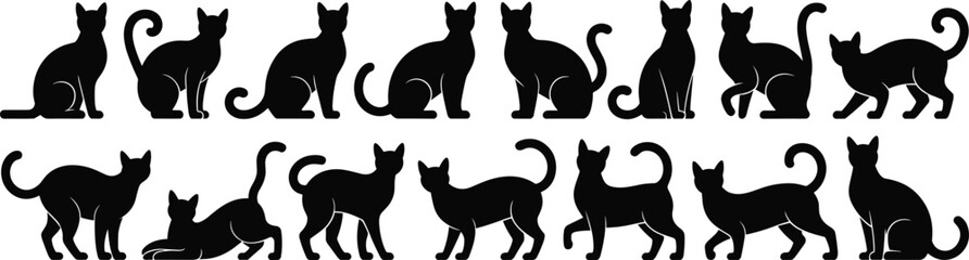 Elegant Collection of Black Cat Silhouettes in Various Poses: Sitting, Standing, Walking, and Stretching, Perfect for Pet and Halloween Themes