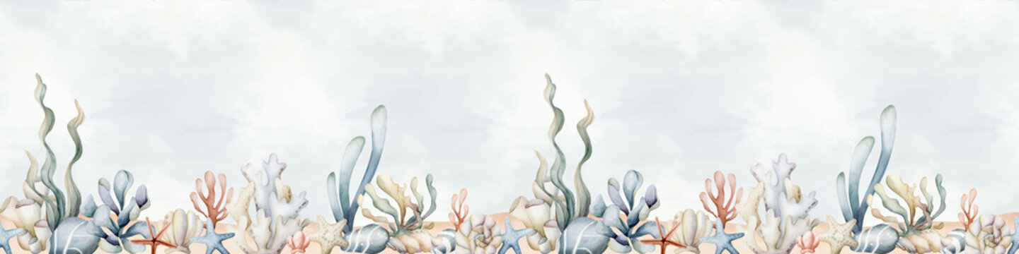 Seaweeds Sea Coral Sponge Starfish Shell on sand. Watercolor hand painted summer seamless border on blue background