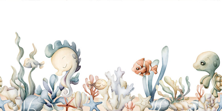 Seahorse turtle fish with seaweed coral starfish shell on seabed Watercolor hand painted summer seamless border on white