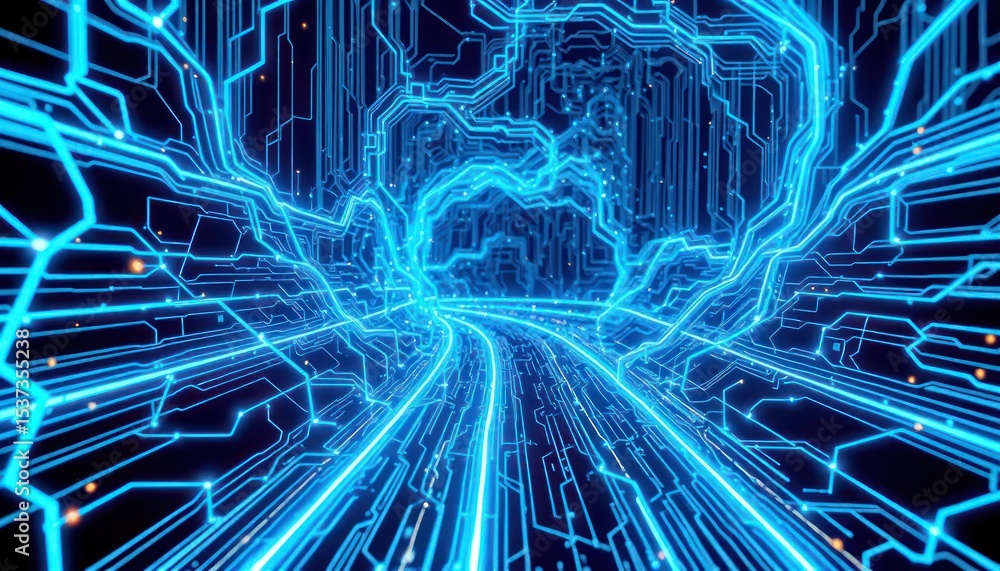 Poster futuristic digital circuit board with glowing blue pathways and connection points