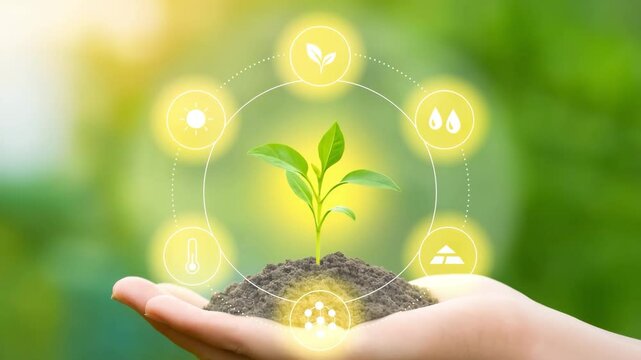 Hand holding a young plant with digital infographic showing smart farming data for light, temperature, water and nutrients