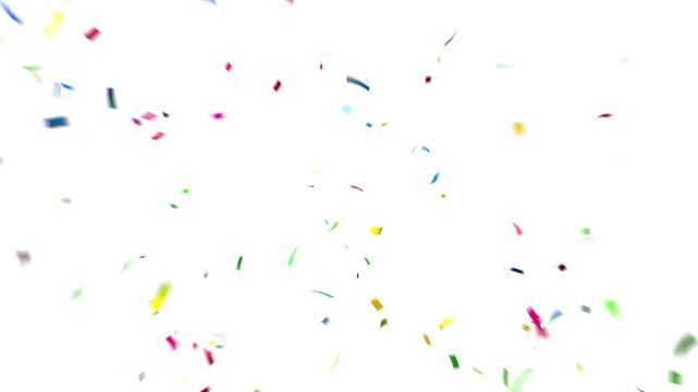 Shiny Metallic Confetti Burst Colorful, Blue, Green, Yellow, Red, with Motion Blur on White Background from Center Bottom Edge Quick Animation Looping Isolated Key Out 4K 30fps