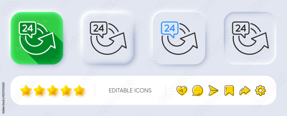 Poster 24 hours service line icon. neumorphic, flat shadow, 3d buttons. repeat every day sign. refund symbo