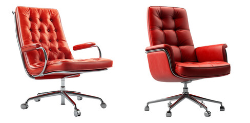 Fototapeta premium Red leather office chair with metal legs isolated on transparent background perfect for furniture catalogs or workspace mockups