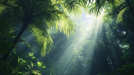 Naklejka premium Sunbeams pierce a lush, verdant jungle canopy, illuminating the dense foliage below with shafts of light, creating a mystical atmosphere