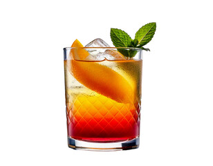 Cocktail, drink, glass — a vibrant, isolated cocktail glass filled with a colorful, refreshing beverage, elegantly garnished with fruit, captured in high resolution against a clean white background, r