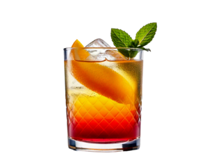 Cocktail, drink, glass — a vibrant, isolated cocktail glass filled with a colorful, refreshing beverage, elegantly garnished with fruit, captured in high resolution against a clean white background, r