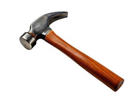 Tool, hammer, isolated and centered on a clean white background, featuring a detailed realistic metal head and textured wooden handle, showcasing natural wood grain, ideal for design, education, or pr