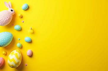 yellow background copy space with easter eggs and decoration, free space for text and greetings