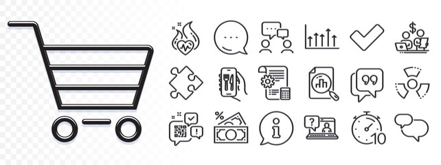 People chatting, Qr code and Money tax line icons for web app. Glare of light effect. Message icon. Pack of Info, Strategy, Faq pictogram icons. Restaurant app, Tick, Quote bubble signs. Vector