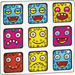 Colorful Cartoon Square Faces with Funny Expressions and Emotions