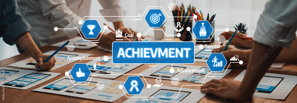 Poster Collaborative Achievement Planning with Visual Tools and Graphic Elements Showcasing Progress and Success in a Business Environment. Amity