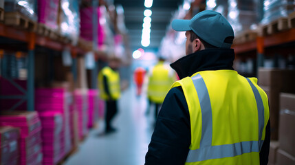 Two warehouse workers in safety vests inspecting inventory in a large storage facility with tall shelves.
