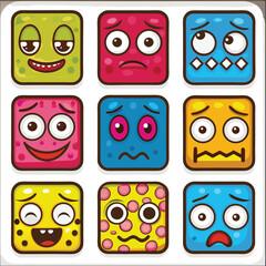 Colorful Cartoon Square Faces with Funny Expressions and Emotions