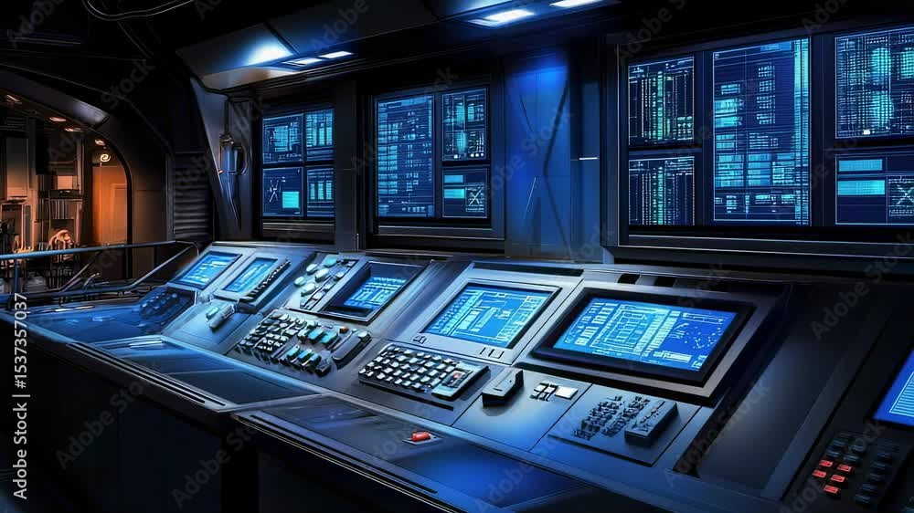 Poster futuristic control room with glowing screens and complex interfaces, sci-fi setting, advanced techno