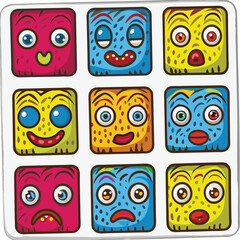 Colorful Cartoon Square Faces with Funny Expressions and Emotions