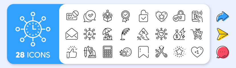 Fototapeta premium Cut tax, Bitcoin pay and Ranking star line icons. Interest rate, AI generate, Inflation icons. Pack of Cross sell, Card, World time icon. Floor lamp, Augmented reality, Approved pictogram. Vector