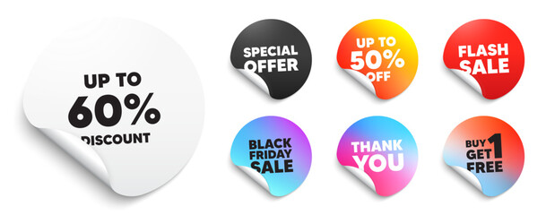 Discount tag sticker tag. Special offer paper price tags. Up to 60 percent discount. Sale offer price sign. Special offer symbol. Save 60 percentages. Discount, black friday sticker. Vector