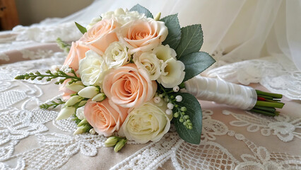 Elegant Wedding Bouquet of Peach Roses and White Flowers on Lace Tablecloth for a Special Occasion