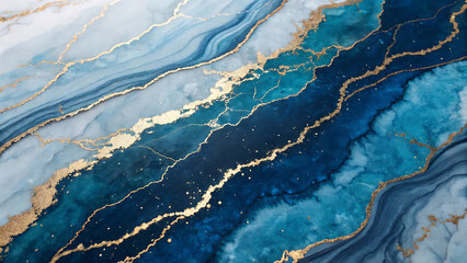 Luxurious Blue Marble with Golden Veins Abstract Art Opulent Stone Texture Resembling Minerals and Precious Gemstones Elegant and Modern Design