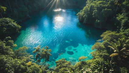 Fototapeta premium Aerial view of turquoise lake surrounded by green lush jungle