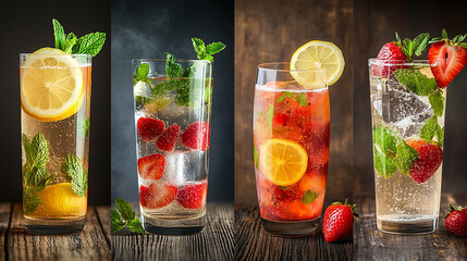 An attractive photo collage of different types of fruits and mint water in glasses with ice cubes, showing off their colorful, fresh look on a rustic wooden table against a light background for maximu