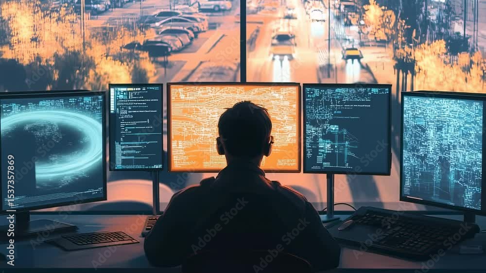 Poster man coding at night with multiple monitors, city view