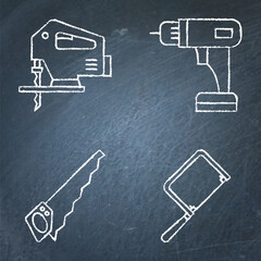 Woodwork tools chalkboard icon set