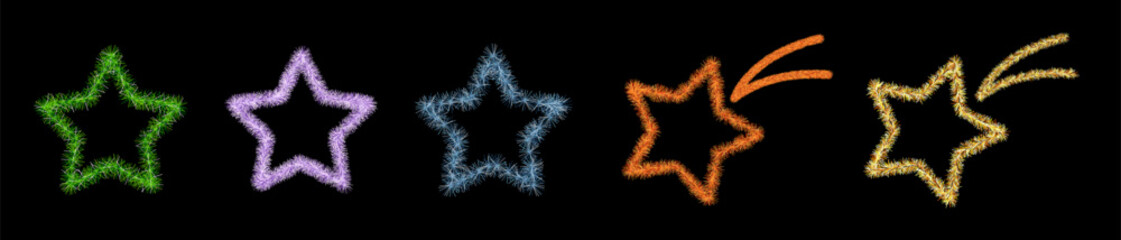 A set of Christmas crafts made of tinsel. Stars, fireworks, isolated on a dark background