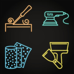Furniture renewal tools neon icon set
