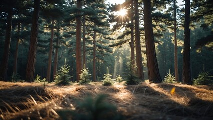 Obraz premium Sunlight Streaming Through Tall Pine Trees in a Dense Forest