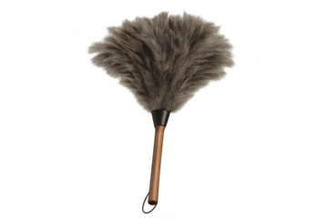 Classic feather duster with wooden handle isolated on transparent background, perfect for cleaning and dusting
