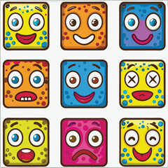 Colorful Cartoon Square Faces with Funny Expressions and Emotions