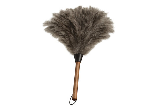 Classic feather duster with wooden handle isolated on transparent background, perfect for cleaning and dusting