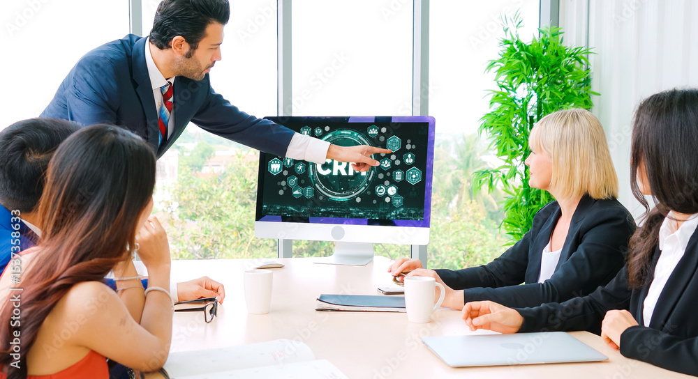 Poster customer relationship management system on modish computer for crm business and enterprise