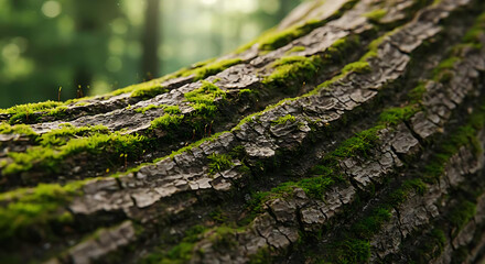 Obraz premium Close-up of tree bark with moss and lichen, macro nature texture with organic patterns and earthy colors, detailed forest surface